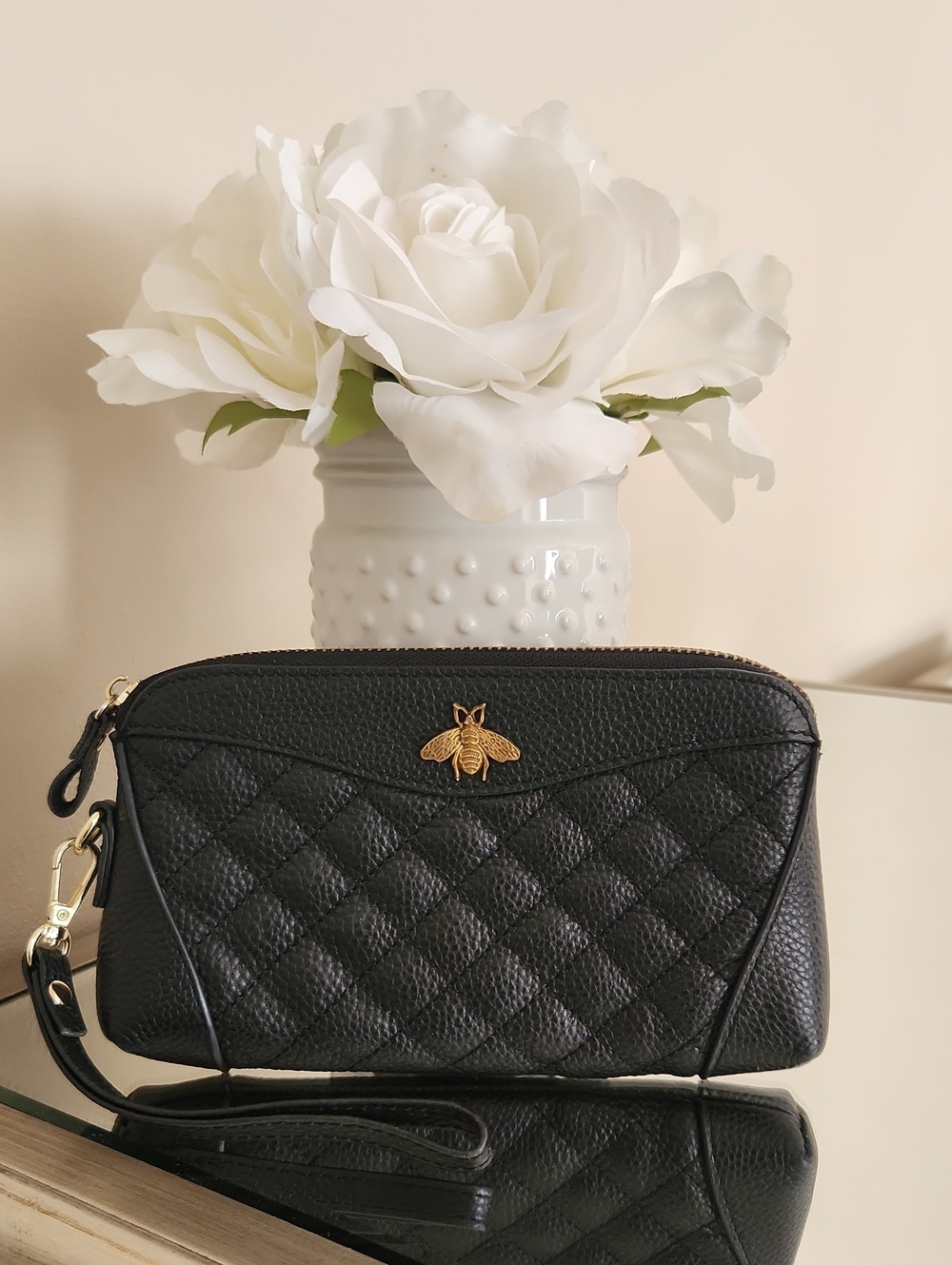 Black Quilted Wristlet Clutch with Gold Bee 🖤🐝